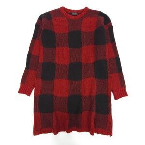 ZARA MAN Mohair Crew Tunic Sweater Red Black Buffalo Check Plaid 90s Grunge Y2k